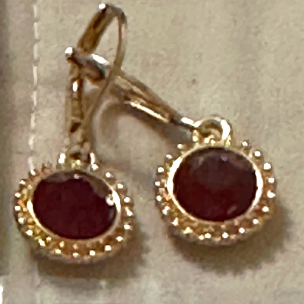 2/$15 Beautiful Gold Tone Drop Earrings Deep Red Colored Stones